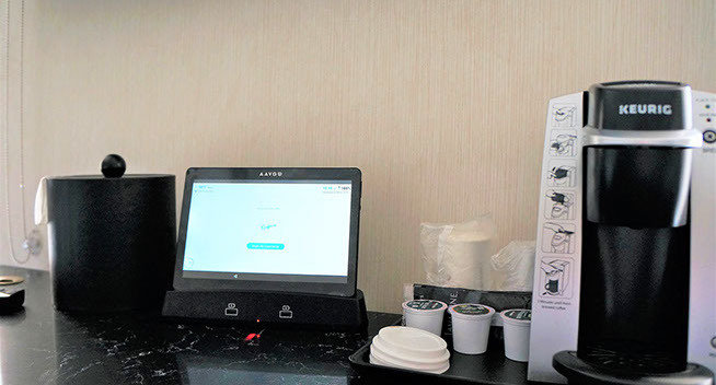 King Bed Guest Room Special amenities include a Keurig coffee maker with pods, and an Aavgo which can help you with hotel features, room serrvice and more.