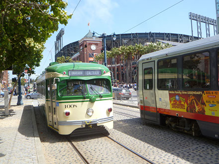 Photo of the San Francisco Railroad cars and the city of San Francisco.
